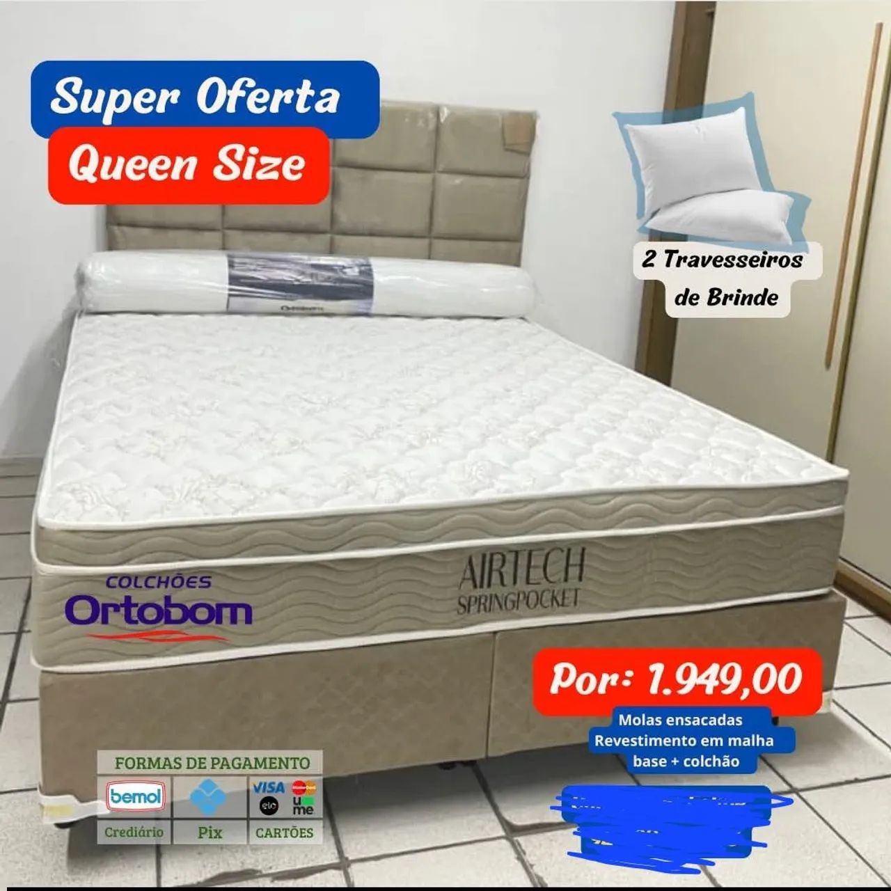 Queen-size bed with individually pocketed springs