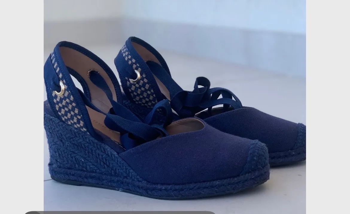 Sandália Anabela Azul Marinho com Amarração
