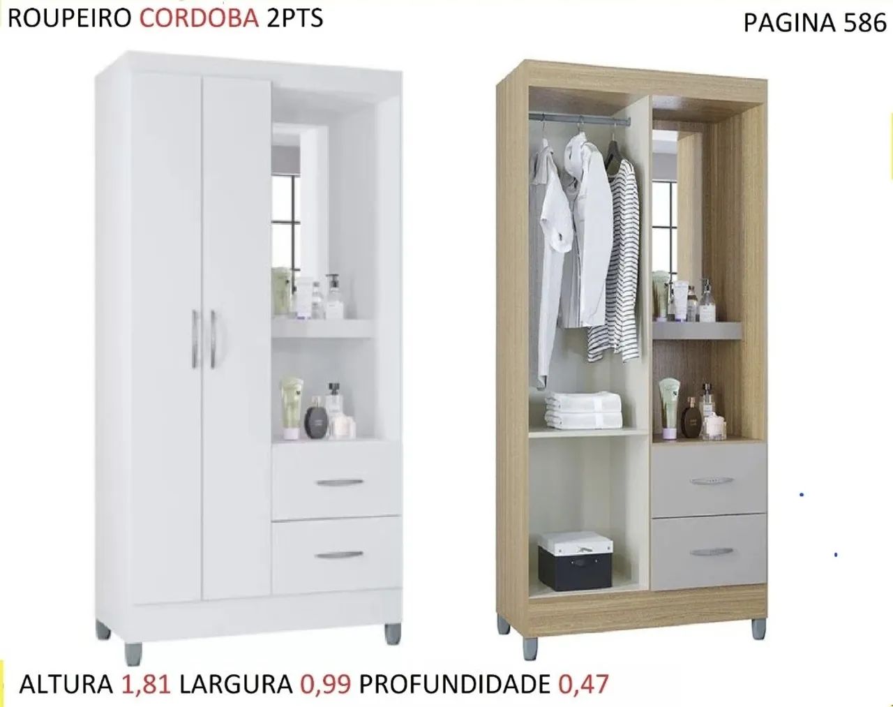 Guarda roupa solteiro 2 portas com espelho 