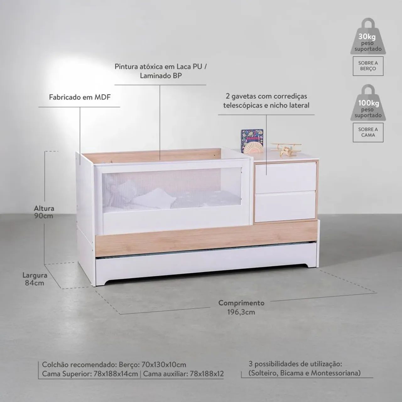 Berço Multifuncional 7 em 1 Evolutivo com Cômoda e Cama auxiliar  - Foto 5