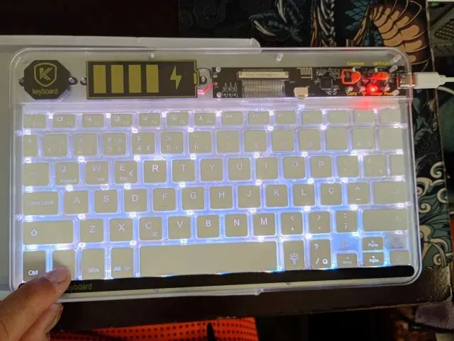 Kit Teclado e Mouse Bluetooth LED RGB Transparente para iPhone, Android, PC, Notebook