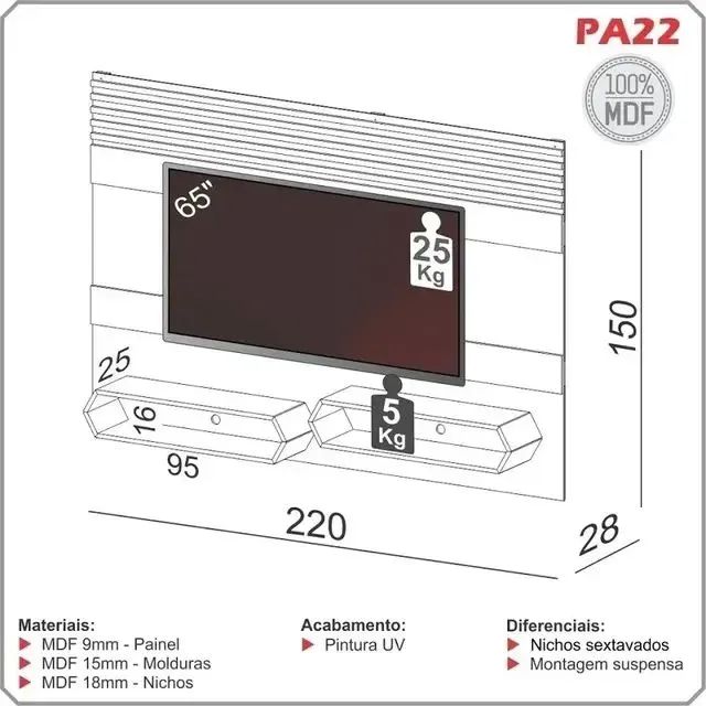 Painel Suspenso Para Tv de Até 65 Polegadas 100% Mdf - Foto 5