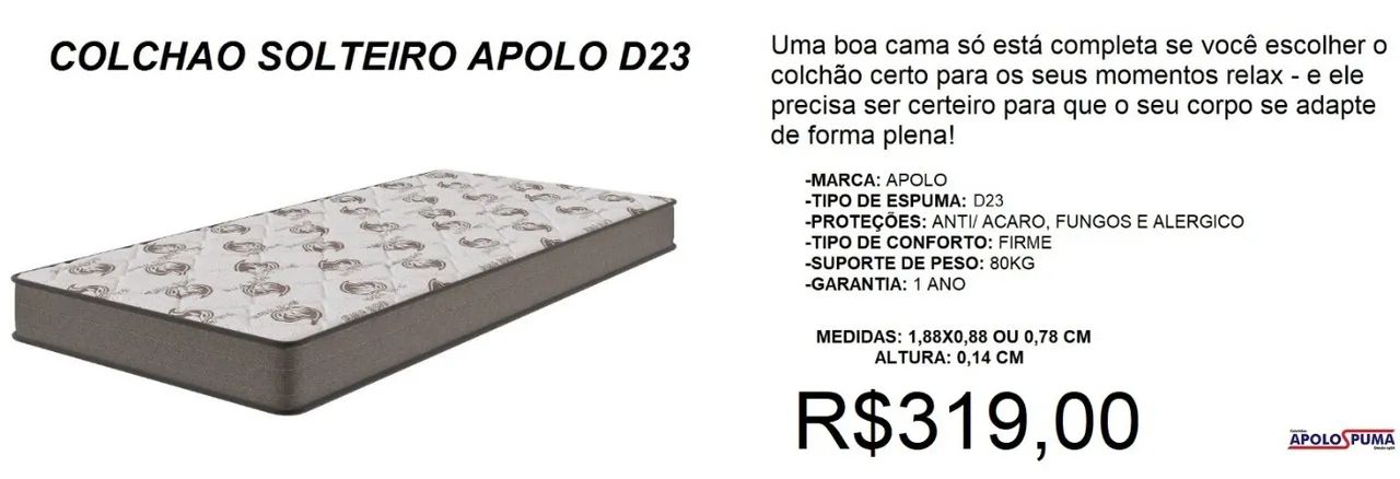 Colchão solteiro espuma d23 apolo - frete grátis