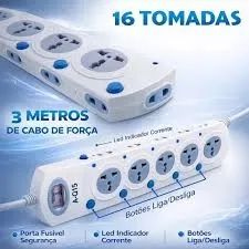 Extensão 16 Tomadas Elétrica Filtro De Linha Cabo 3 Metros