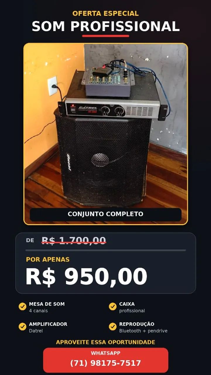 Caixa de som com mesa e amplifiador