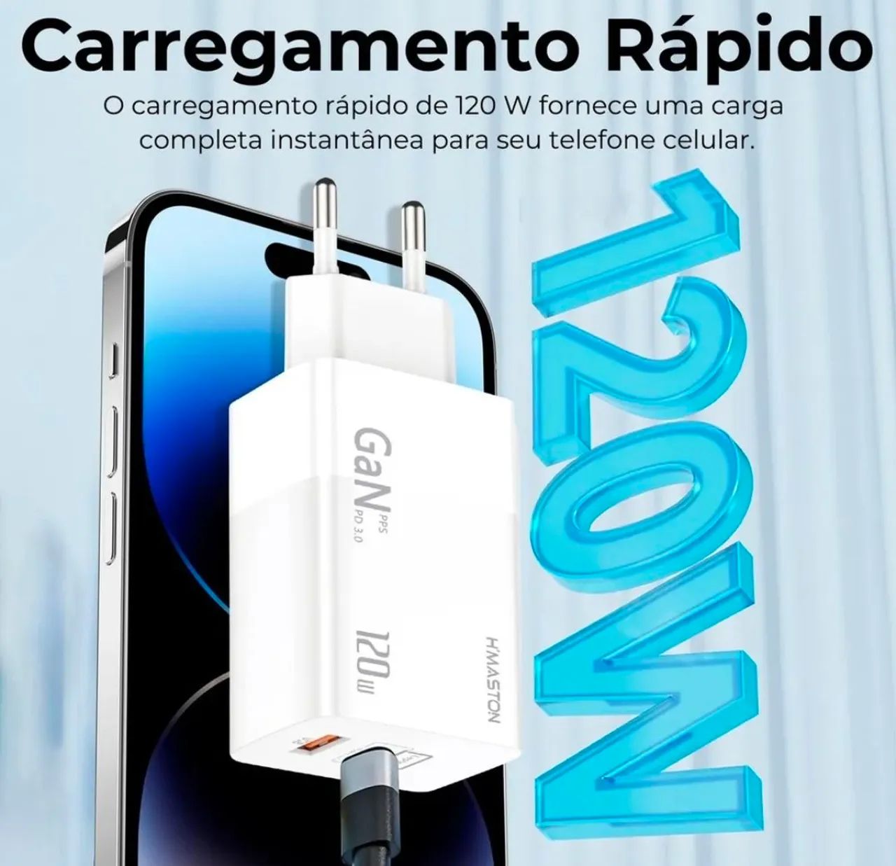 Carregador Turbo 120W GaN USB-C 100W + USB-A 20W para iPhone , Android e Notebooks 