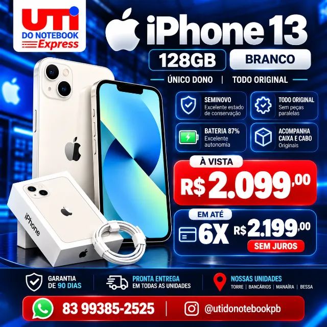 Impecável! Iphone 13 128gb Branco Estado de zero Parcelado 
