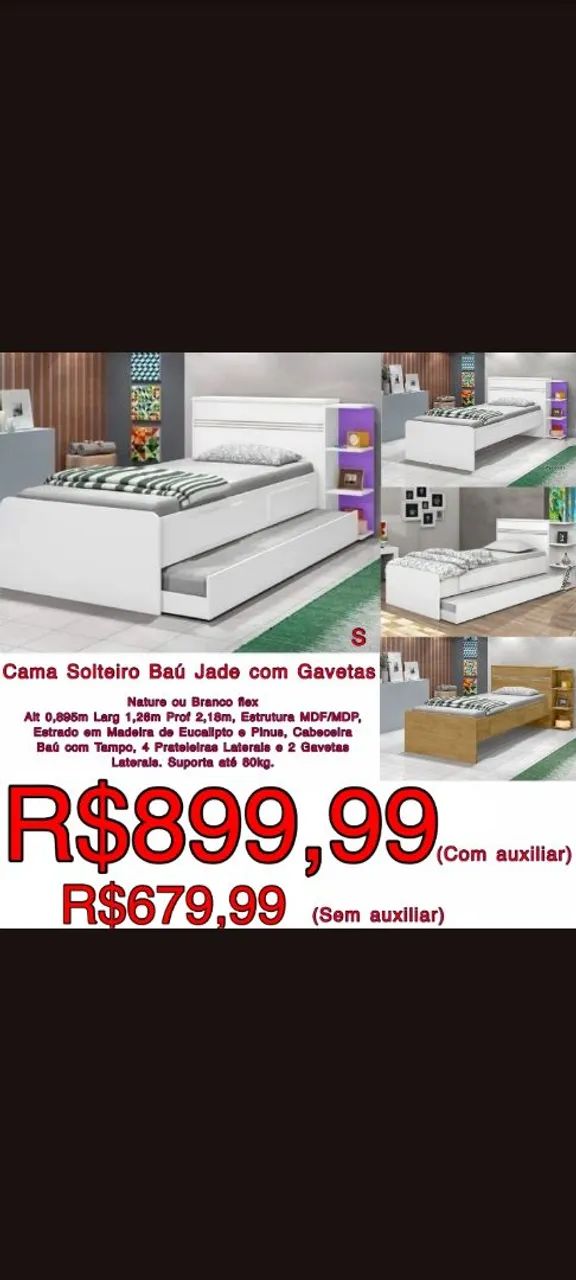 Cama Solteiro Jade com Auxiliar e 2 Gavetas