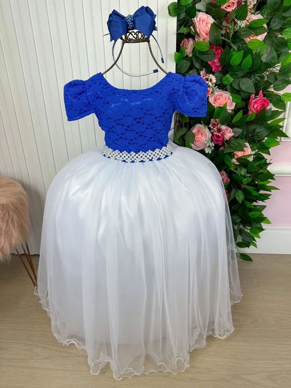 Vestido Infantil Azul e Branco