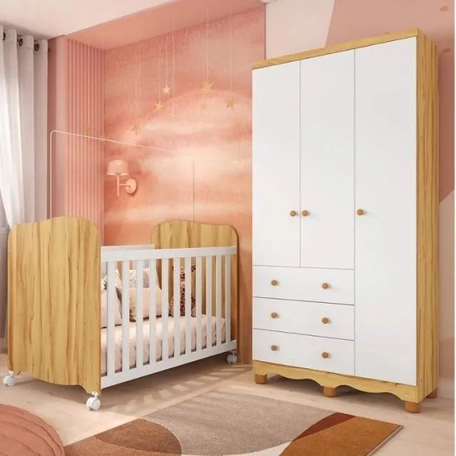 Roupeiro Infantil Junior 3 Portas + Berço Americano Lumi, 100% MDF 