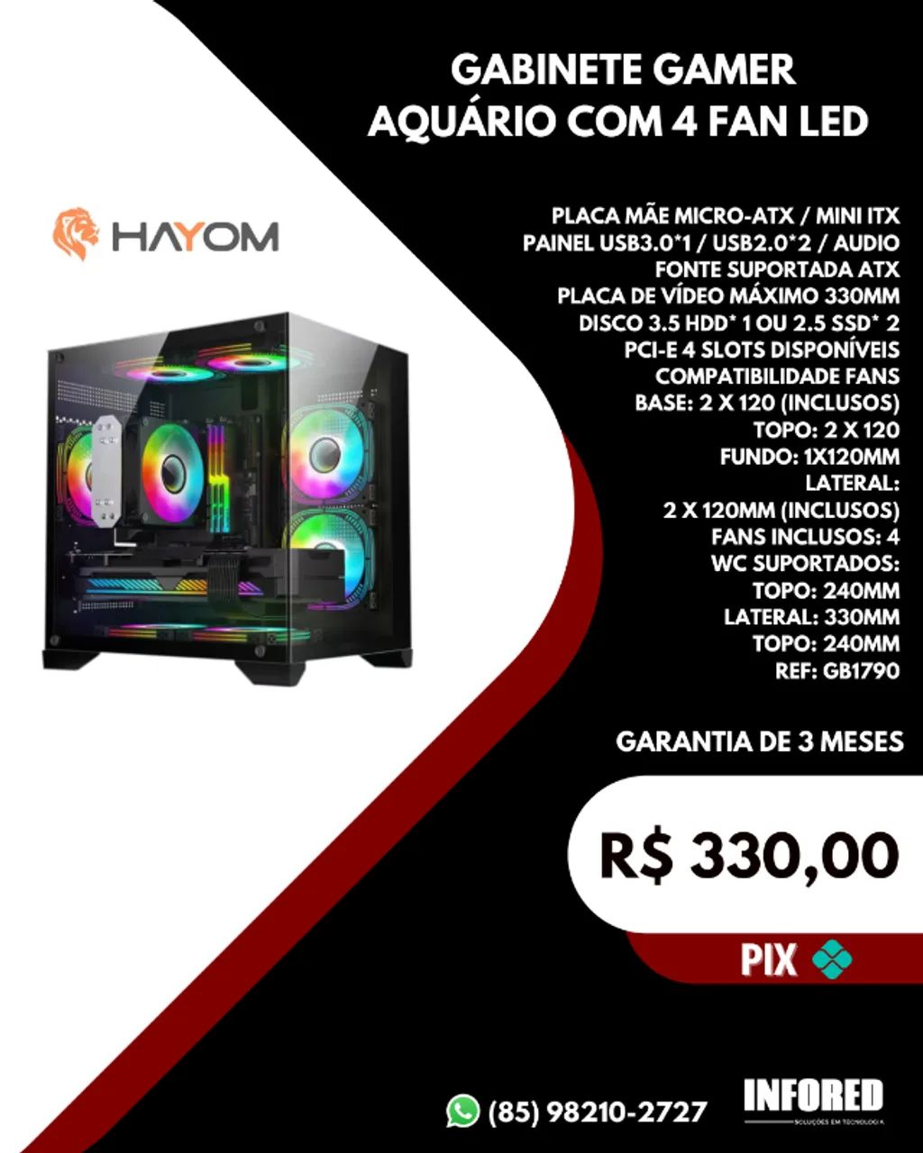 Gabinete gamer aquário com 4 fan LED Hayom GB1790