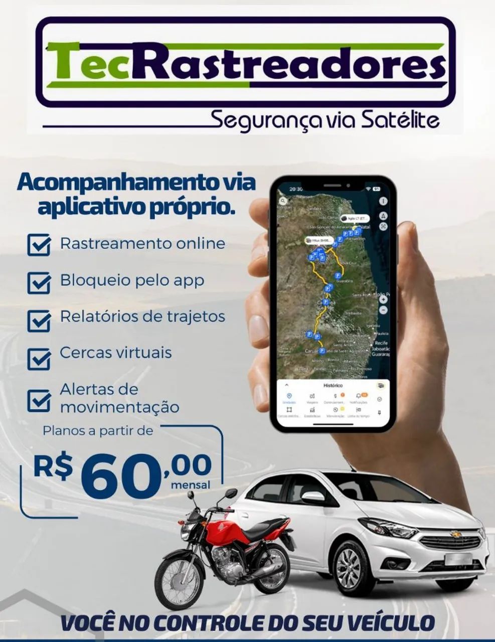 Rastreador veicular com aplicativo próprio - R$60,00 mensal