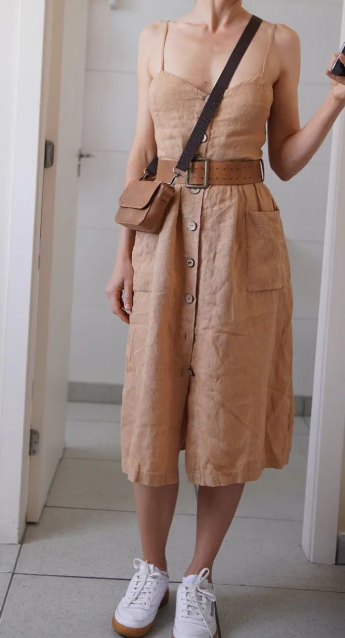 look vestido de linho + cardigã + cinto de couro - Foto 2
