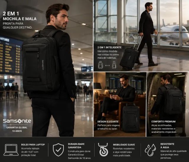 Samsonite Mochila com Rodinhas  - 2 em 1: Mala de Mão + Mochila