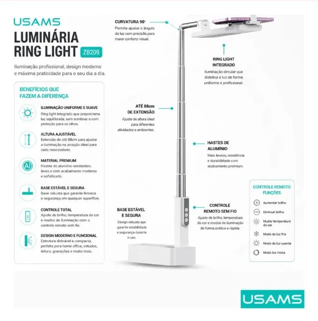 Suporte para celular profissional com LED e controle Bluetooth USAMS ZB209  - Foto 4