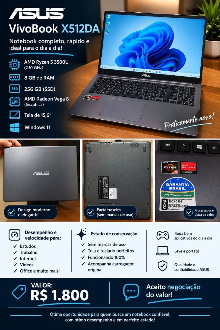 Vendo ASUS VivoBook X512DA, muito bem conservado e funcionando perfeitamente.