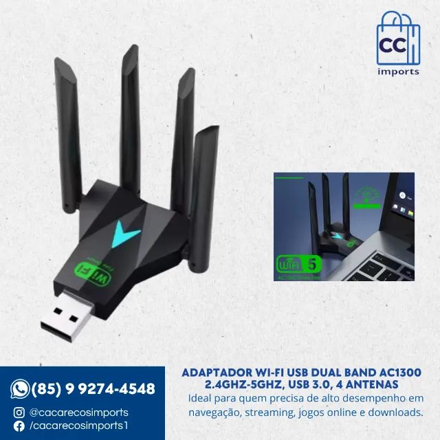 Adaptador Wi-Fi USB Dual Band AC1300 2.4GHz-5GHz, USB 3.0, 4 An... | Novo | Pronta Entrega