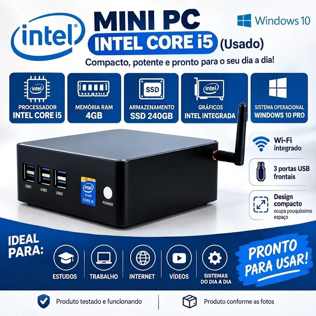Mini Pc i5 Intel, 240Gb SSD, 4 memória RAM, Windows 10 PRO, placa gráfica integrada Intel