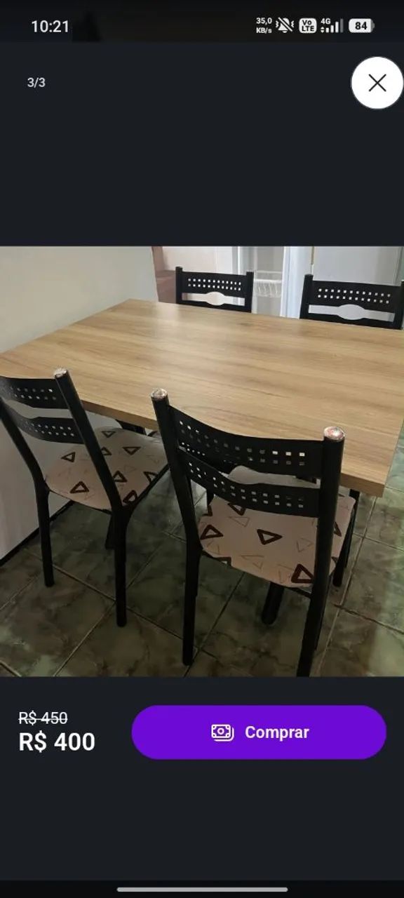 Conjunto mesa 4 cadeiras, seminovo e sem marca de uso!