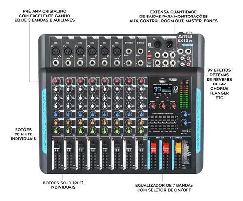 Mesa  Mixer de som 10 canais , 99 efeitos FX ,USB bluetooth interface Pc usb - Foto 4