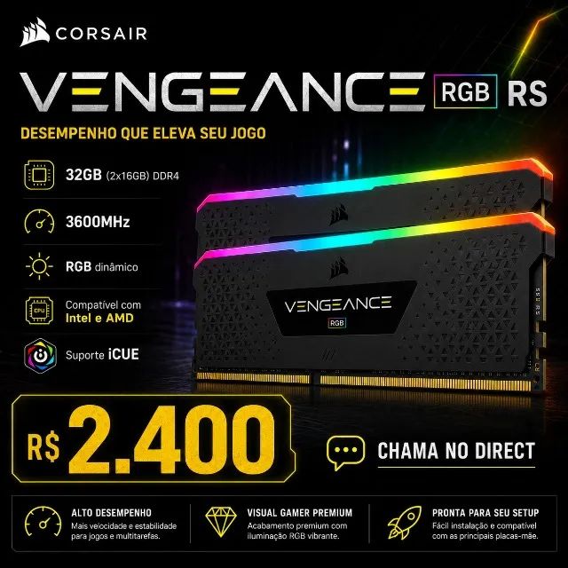 Memórias RAM Corsair Vengeance RGB PRO SL - 32GB(2x16GB), DDR4, 3600Mhz, C18, Preto