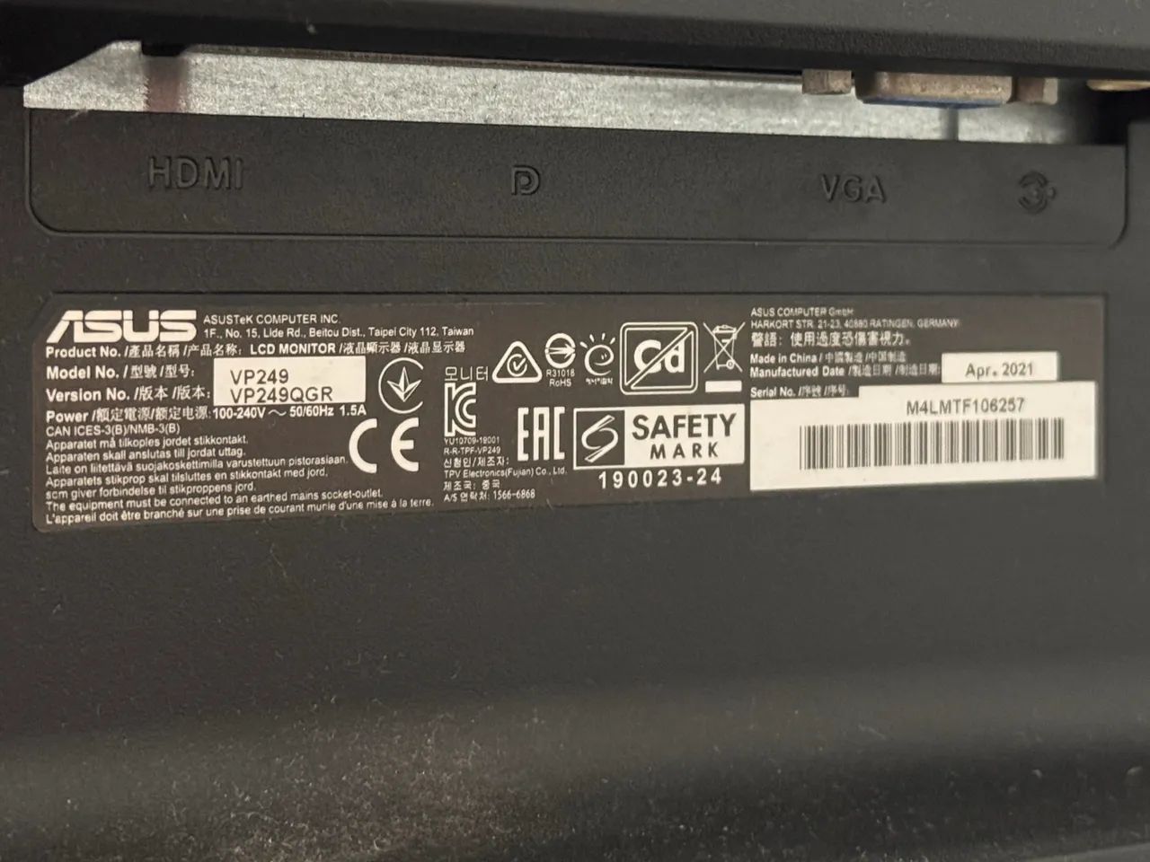 Monitor gamer Asus vp249 com defeito
