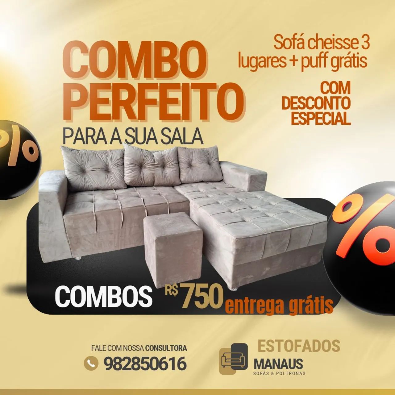 Combo Perfeito de Sofá Cheisse 3 Lugares + Puff Grátis - Foto 5
