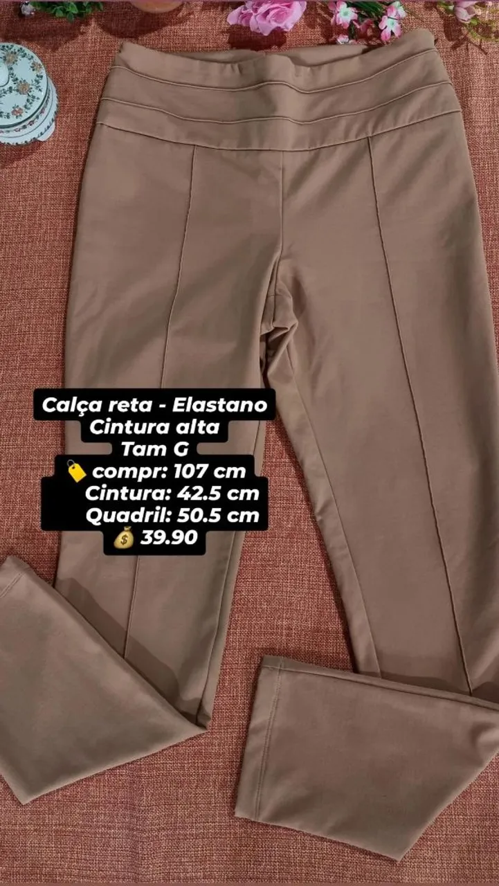 Calça Reta Elastano Cintura Alta G - Bege