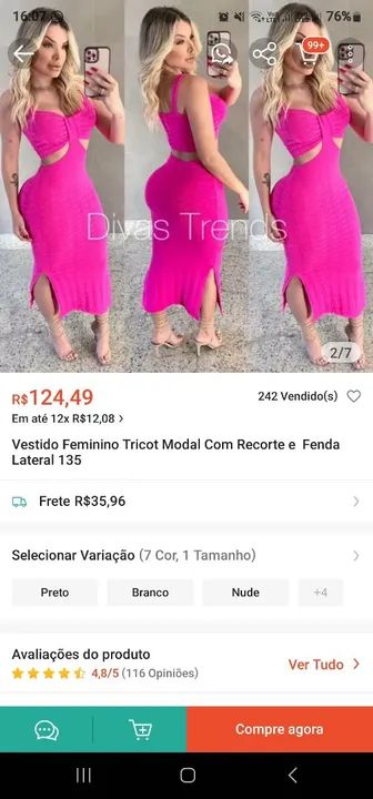 Vestido Tricot Modal Com Recorte e Fenda Lateral - Rosa