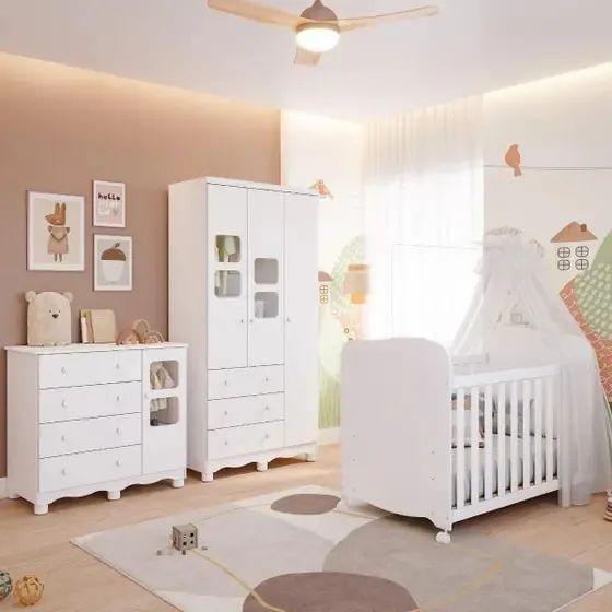 Quarto Infantil Uli 100% MDF (Roupeiro 3 Portas + Comoda + Berço Americano)