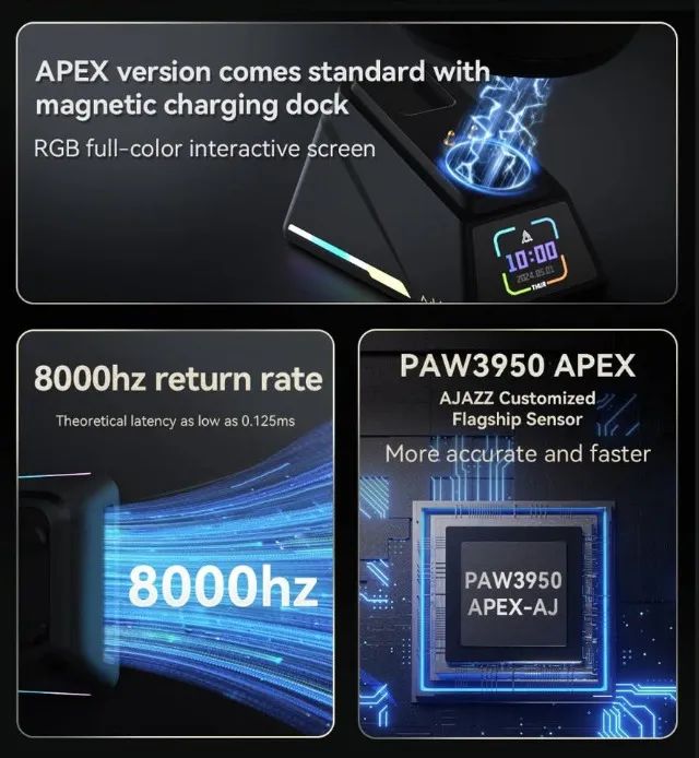 Mouse Gamer Sem fio Ajazz AJ179 Apex RGB 42K DPI 8K PAW3950 58g