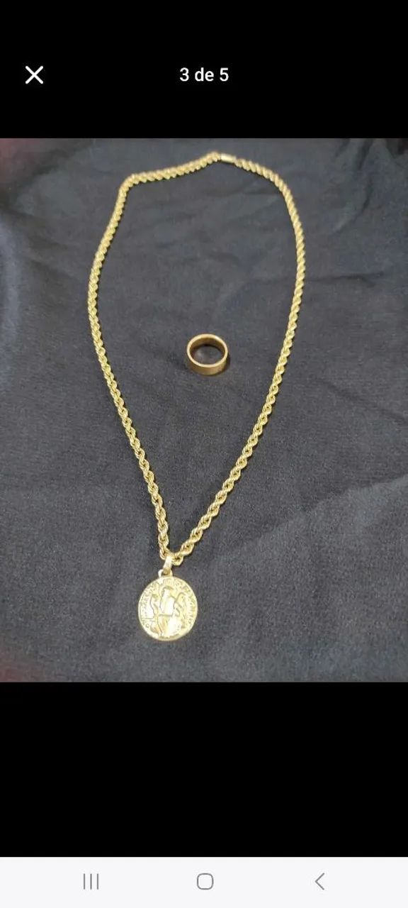 Cordão baiano em ouro 18k =750com pingente são Bento e aliança 
