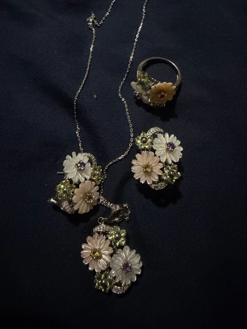 Conjunto floral vintage em prata 925