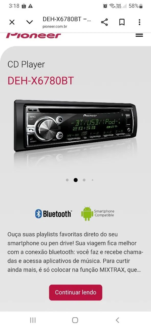 Som pioneer top Android usb ,CD e Bluetooth multicolor