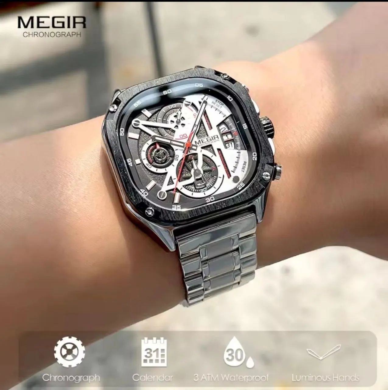 MEGIR 2217G - Relógio Sport/Luxo, Cronógrafo 100% Funcional e 2 Pulseiras  - Foto 2
