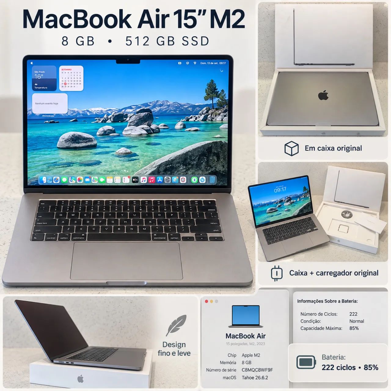 MacBook Air 15 M2 512GB 2023 Midnight - Caixa + Carregador