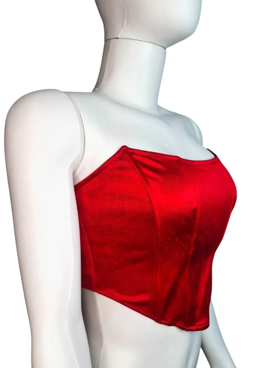 Top Cropped Corset Cetim Vermelho - Foto 2