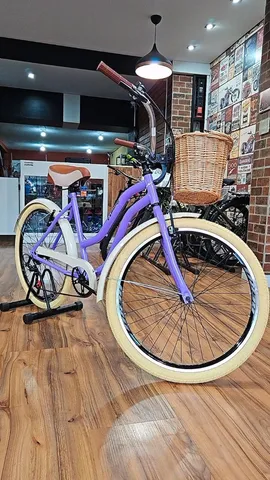 Bicicleta Retro Vintage Pneus Bege Cesta com Marchas em Ate 10 x Sem Juros Lilas