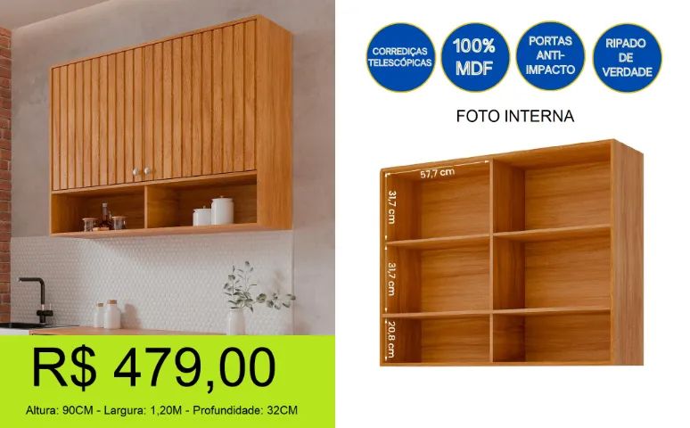 Armário aéreo 100% MDF - Com ripas 