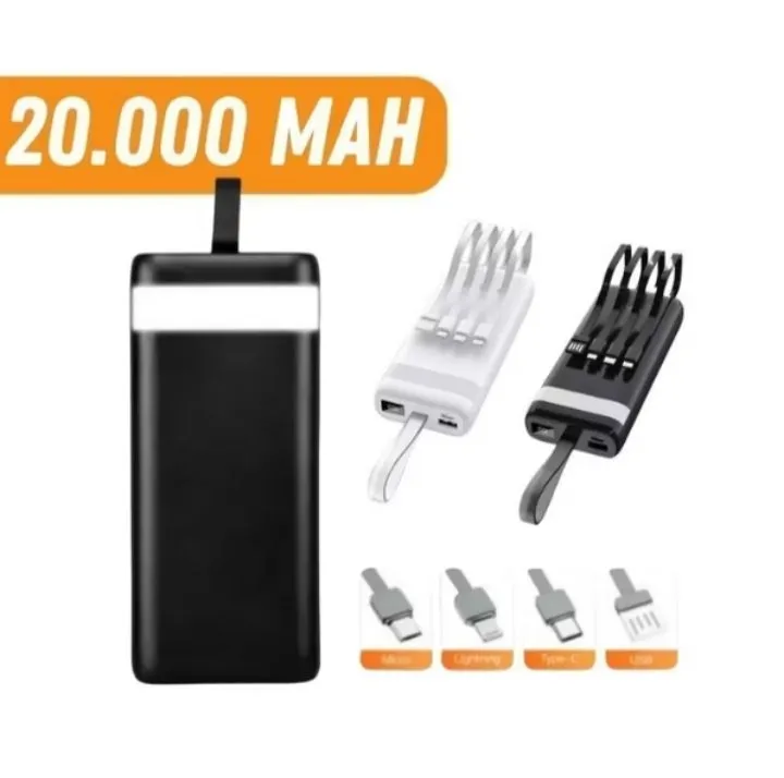 Carregador Portátil 20.000 mAh com Cabos Integrados