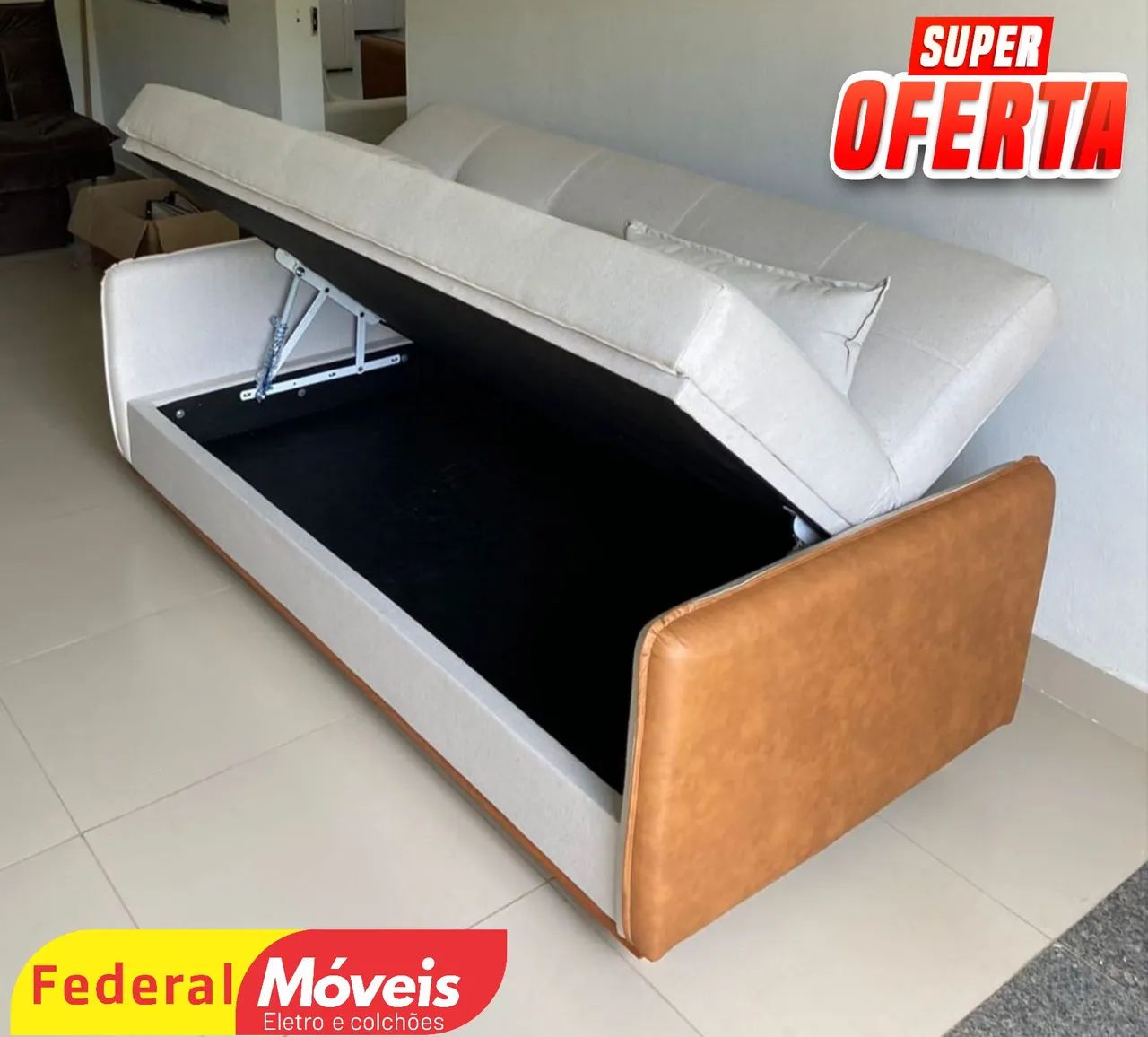 Sofá Cama Baú 2,05m Linho Detalhe Courino - Mega Oferta! - Foto 2