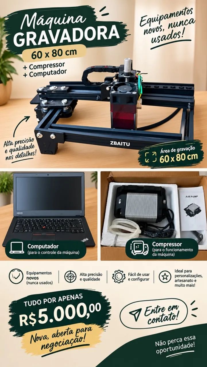 Máquina gravadora, compressor e computador