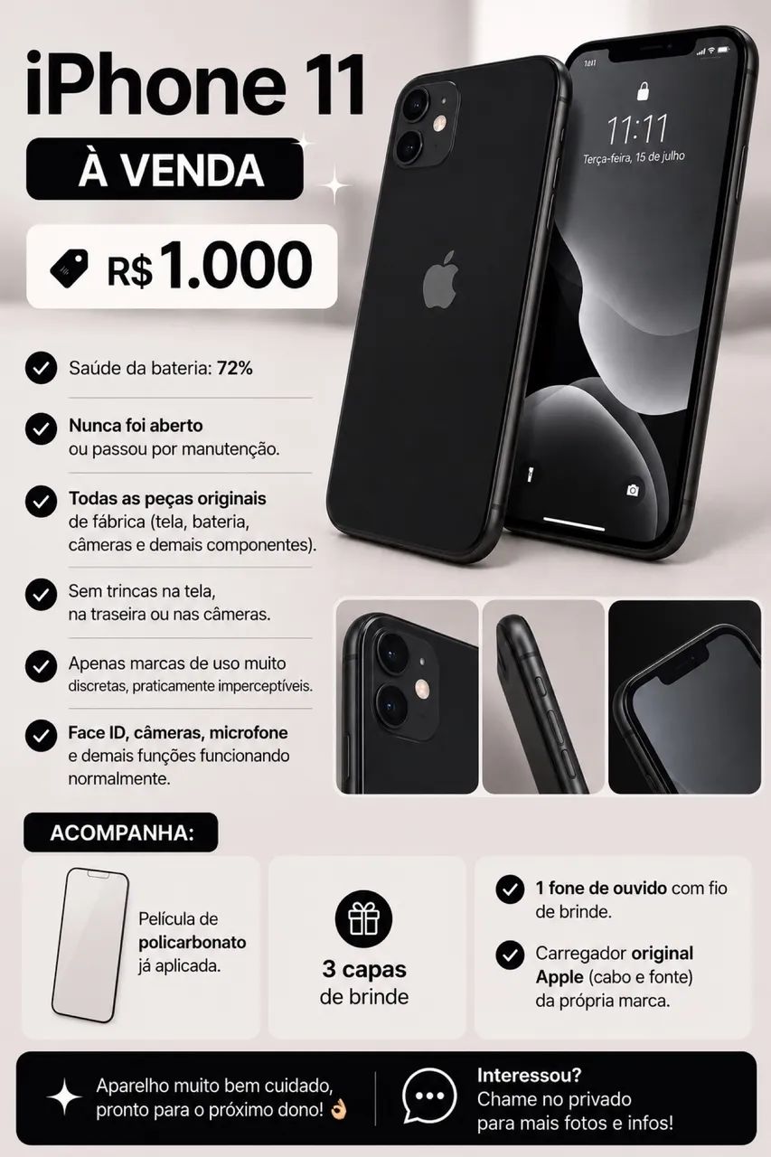 iPhone 11 Preto 64GB - Original - R$ 1.000
