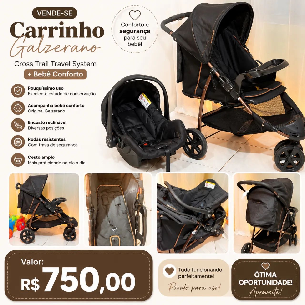 Carrinho de bebê com bebê conforto