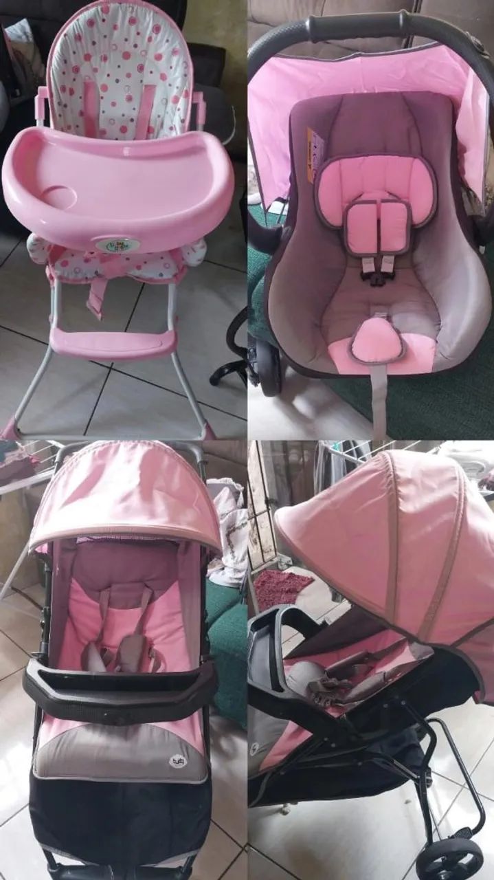 Bebê conforto, cadeira de alimentação e carrinho de bebê 