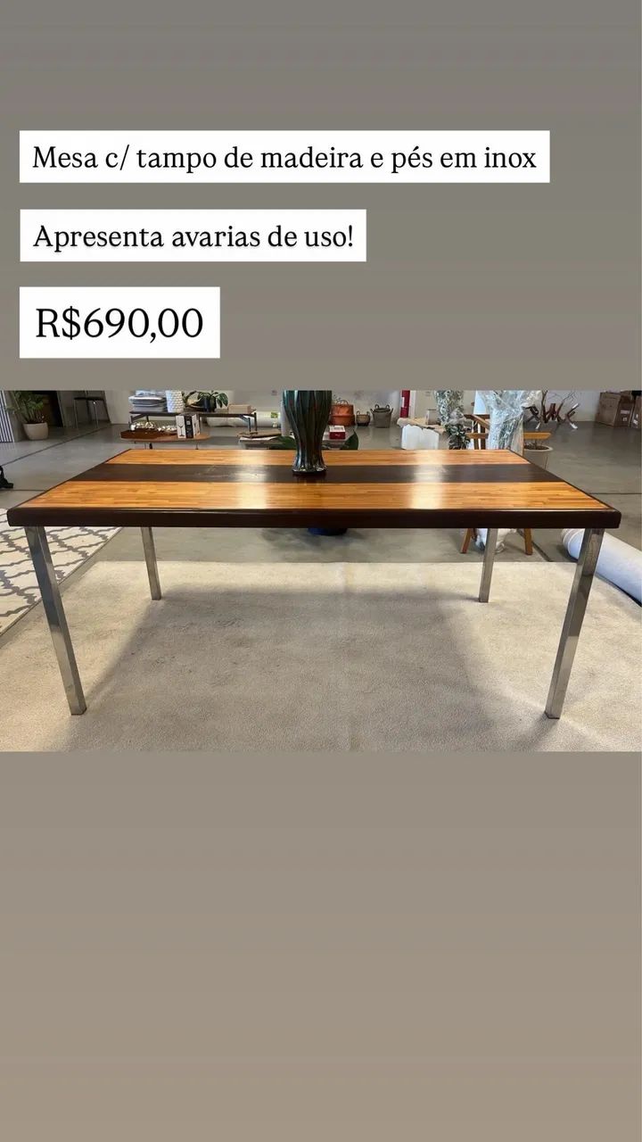 Mesa jantar madeira com pés inox 