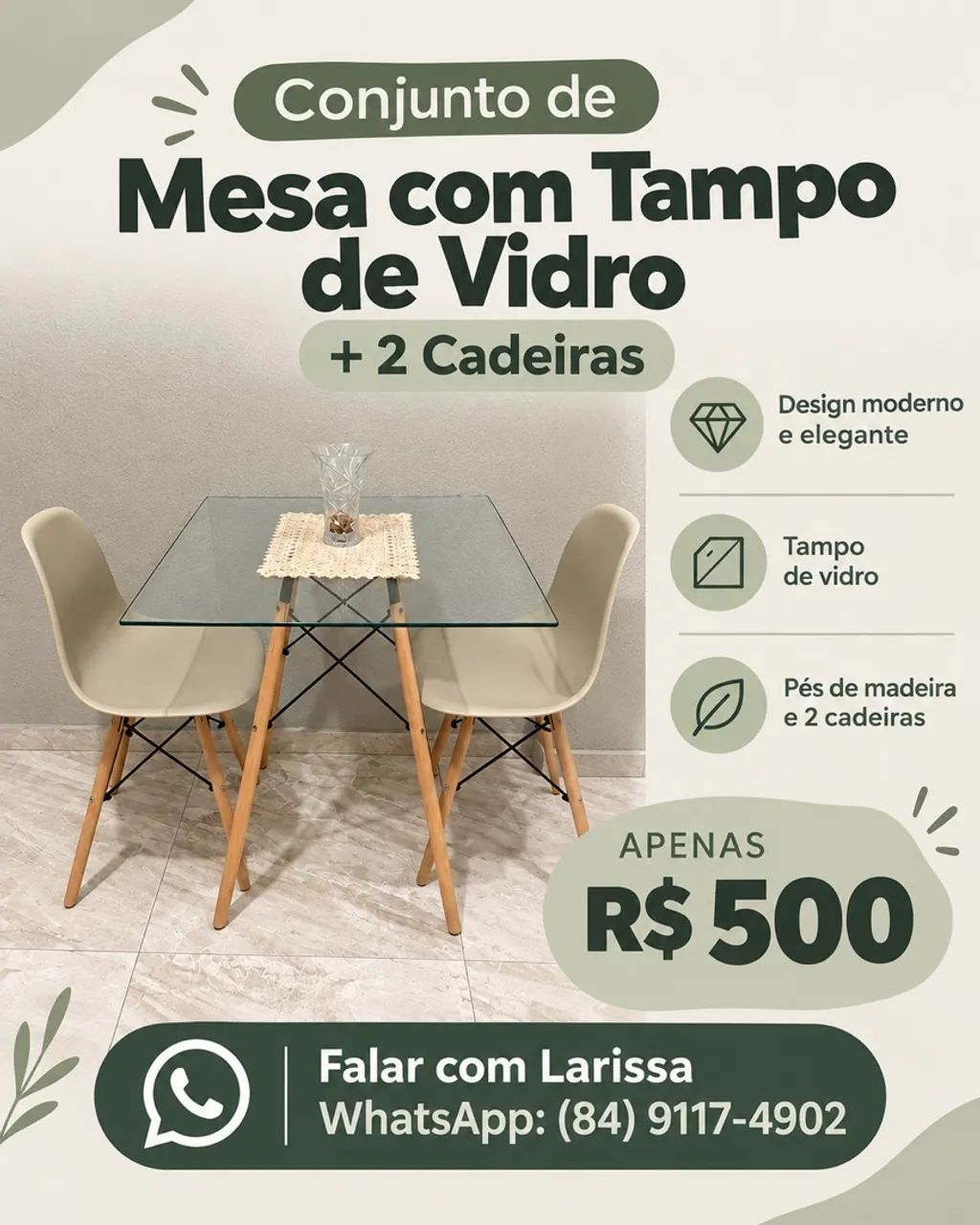 Conjunto mesa + 2 cadeiras