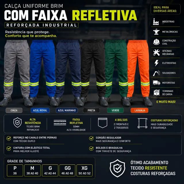 Calça Uniforme Brim Com Faixa Refletiva Reforçada Industrial - Foto 2