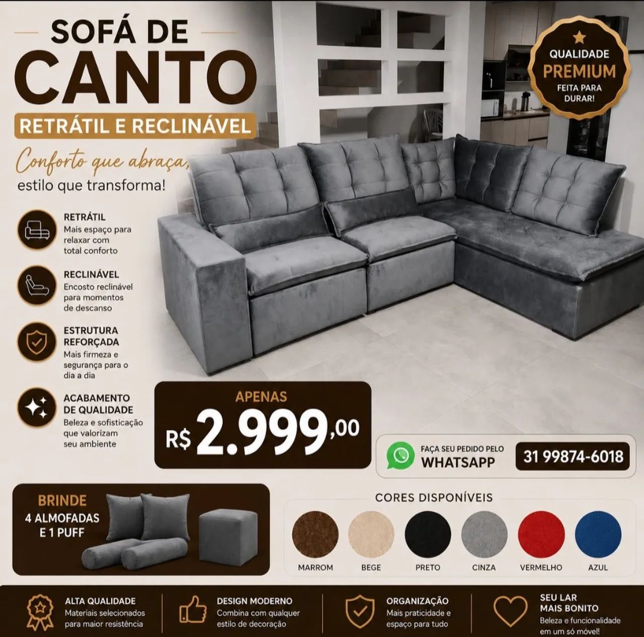 Sofa de canto retrátil e reclinável luxo 