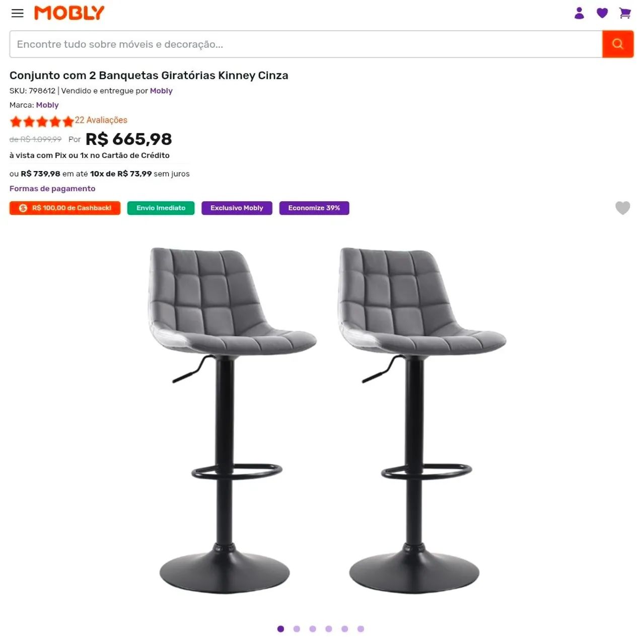 Conjunto com 2 Banquetas Giratórias Kinney Cinza - Foto 3